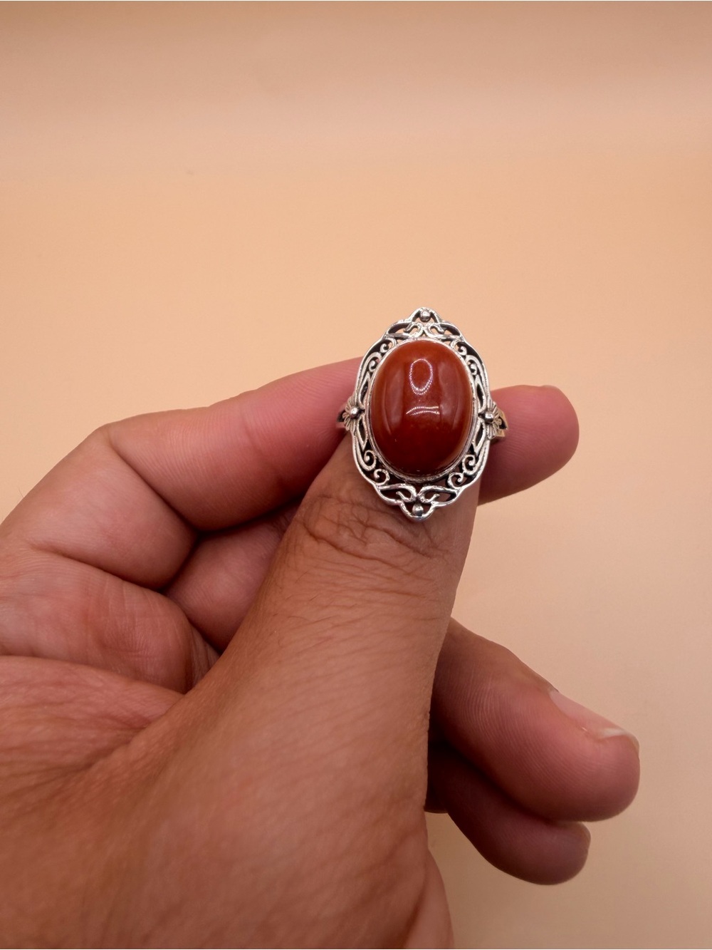 925 Sterling Silver Orange Jade Ring Size 10.5.